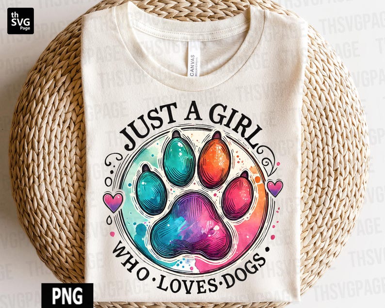 May include: A white t-shirt with a watercolor paw print design and the text "Just a girl who loves dogs".