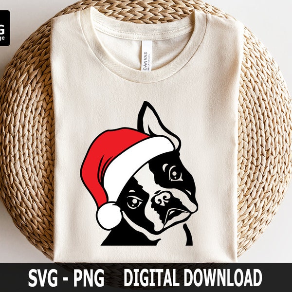 Boston Terrier Santa Hat Svg, Dog Mom svg, Santa Hat svg, Puppy svg, Christmas Puppy, Hand Drawn, Digital Download, Boston Terrier Shirt