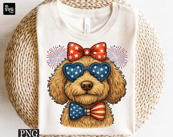 Goldendoodle Patriottico PNG, Cane del 4 luglio PNG, Cane degli Stati Uniti PNG, Cane con gli occhiali, Giorno della Memoria PNG, Fiocco a stelle e strisce PNG