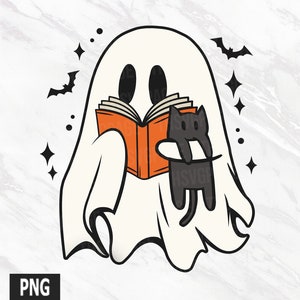 Cute Ghost Reading Book PNG, Spooky Season png, Black Cat png, Halloween png, Cute Halloween Ghosts, Trending png, Halloween Sublimation