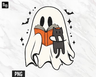 Cute Ghost Reading Book PNG, Spooky Season png, Black Cat png, Halloween png, Cute Halloween Ghosts, Trending png, Halloween Sublimation