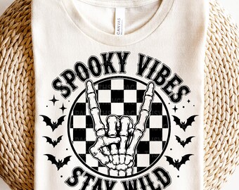 Spooky Vibes Stay Wild SVG PNG, Halloween Checkerboard SVG, Skeleton Hand Rock Sign, Halloween Designs, Funny Halloween, Instant Download