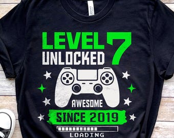 SVG desbloqueado de nivel 7, SVG de subida de nivel, niño gamer, SVG desbloqueado, séptimo cumpleaños, 7 años, videojuego, desde 2019, SVG de camiseta de cumpleaños