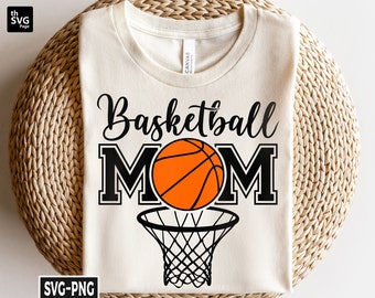 May include: A white t-shirt with the text "Basketball Mom" in black with a basketball and a basketball hoop graphic.