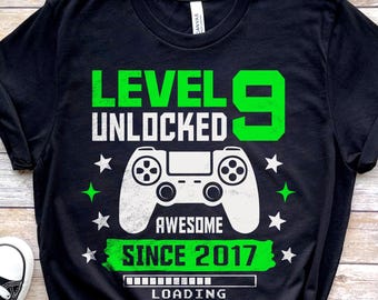 SVG desbloqueado de nivel 9, SVG de subida de nivel, niño gamer, SVG desbloqueado, 9.º cumpleaños, 9 años, videojuego, desde 2017, SVG de camiseta de cumpleaños