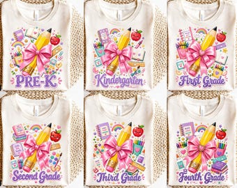 Coquette Back to School PNG Bundle, Pink Pencil Bow, Pre-K to Fourth Grade, First Day of School Sublimation