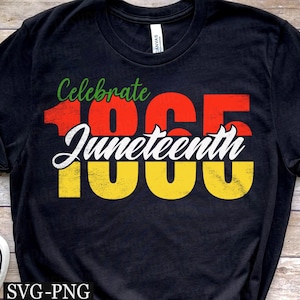 May include: Black t-shirt with the words "Celebrate Juneteenth 1865" in a colorful design. The text is in green, red, white, and yellow. The shirt is made of a soft material.