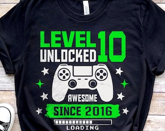SVG desbloqueado de nivel 10, SVG de subida de nivel, niño gamer, SVG desbloqueado, décimo cumpleaños, 10 años, videojuego, desde 2016, SVG de camiseta de cumpleaños