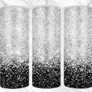 20 oz Skinny Tumbler Black and Silver Glitter Wrap, Straight & Tapered Tumbler PNG, Glitter Tumbler Designs, Black and Silver Glitter