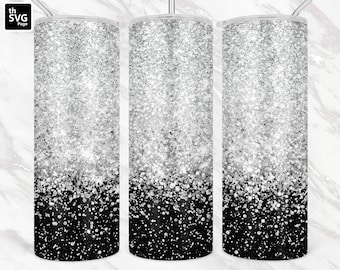 20 oz Skinny Tumbler Black and Silver Glitter Wrap, Straight & Tapered Tumbler PNG, Glitter Tumbler Designs, Black and Silver Glitter