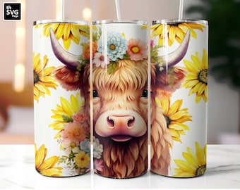 Baby Highland Cow Tumbler Wrap, Seamless Tumbler, Sunflowers Tumbler, Sunflowers png, 20oz Skinny Tumbler, Tumbler Wrap, Sublimation Designs