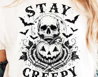 Stay Creepy SVG PNG, Spooky SVG, Skull Pumpkin Halloween Design, Vintage Tattoo Skeleton Hands, Cricut Cut File, Instant Download