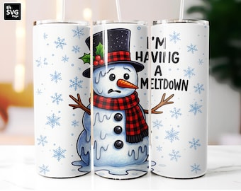 May include: A white tumbler featuring a cartoon snowman with a black top hat, red and black plaid scarf, and a carrot nose. The text "I'M HAVING A MELTDOWN" is printed on the tumbler. Blue snowflakes decorate the background.