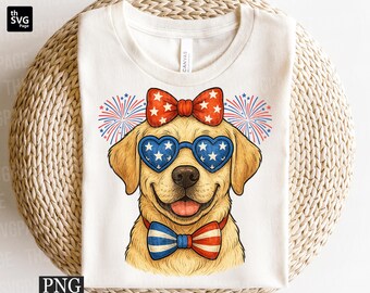 Labrador Patriotic Png, Fourth Of July Dog png, USA Dog png, Dog Wearing Glasses, Memorial Day png, Stars And Stripes Bow png