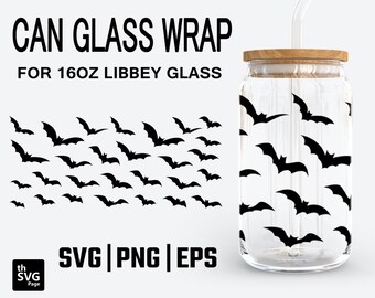 May include: A digital download of a printable design for a 16 ounce glass jar featuring a pattern of black bats. The design is labelled "CAN GLASS WRAP" and "FOR 16OZ LIBBEY GLASS". The design is also available in SVG, PNG, and EPS formats.