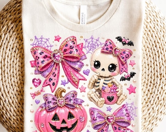 Pink Coquette Skeleton PNG, Cute Halloween Pumpkin, Girly Spooky Season, Leopard Bow PNG, Sublimation Design