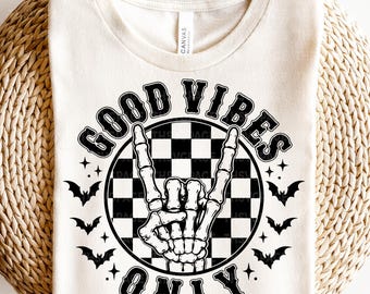 Good Vibes Only SVG PNG, Checkerboard Halloween SVG, Skeleton Hand Rock Sign, Spooky Season, Instant Download