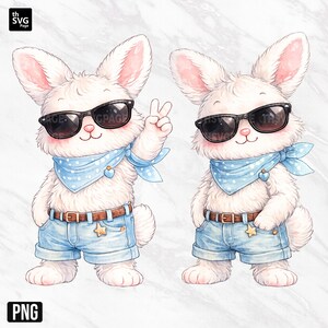 May include: Two watercolour illustrations of white bunnies wearing sunglasses, blue bandanas, and denim shorts. One bunny is giving a peace sign. The bunnies have brown belts and star-shaped pocket details. The image has a PNG watermark.