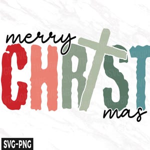 May include: A colorful graphic design with the text "merry CHRISTmas" in a distressed font. The word "CHRIST" is overlaid with a stylized cross.