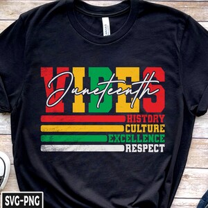 May include: Black t-shirt with the text "Juneteenth" in red, yellow, green, and black letters. Below the text are five stripes in red, yellow, green, white, and red. The text "History, Culture, Excellence, Respect" is printed in white below the stripes.