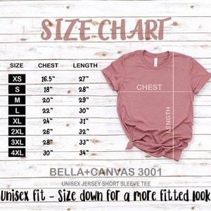 May include: Size chart for a unisex short sleeve t-shirt, showing chest and length measurements in inches for sizes XS to 4XL. The chart is on a woodgrain background with a pink t-shirt displayed. The text "BELLA+CANVAS 3001" and "Unisex Jersey Short Sleeve Tee" are also visible. The text "Unisex fit - Size down for a more fitted look" is at the bottom of the chart.