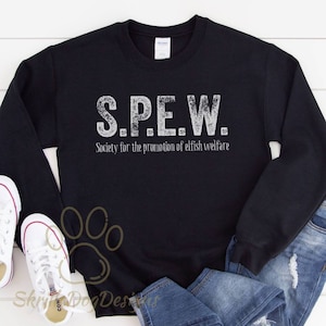May include: Black sweatshirt with a white graphic print that reads "S.P.E.W. Society for the promotion of elfish welfare".