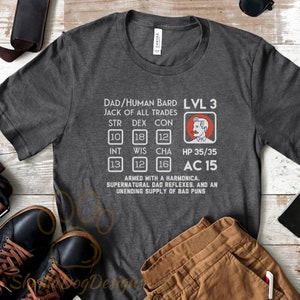 Dad Human Bard Character Sheet, DND Dad Shirt, DND Character Sheet, Funny Father&#39;s Day Gift, Dungeon Master Shirt, Role Playing T-Shirt, D&D