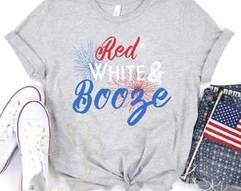 Red White And Booze Shirt, Women's Funny 4th Of July Shirt, Fourth Of July Drinking T-Shirts, Proud American, Red Wine & Blue, Cute USA Tee