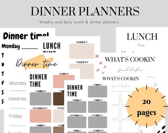 Planificador de comidas semanal imprimible: almuerzo y cena, 20 páginas (descarga digital)