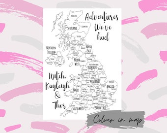 UK ADVENTURES MAP - color en sus viajes con su(s) perro(s) - solo digital - color en blanco en el mapa - mapa de los condados del Reino Unido - dibujado a mano - regalo