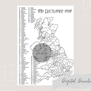 May include: Black and white digital print of a map of the United Kingdom, labeled with city codes. The text "My Customer Map" is at the top. The words "Digital Download" are at the bottom. The map is a simple line drawing.