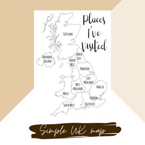 Puede incluir: Un mapa en blanco y negro del Reino Unido, con las regiones de Escocia, Gales e Irlanda del Norte. El texto "Places I've Visited" está encima del mapa, con "Simple UK map" debajo. El mapa es un contorno simple.
