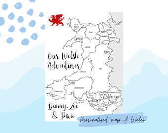 MAPA PERSONALIZADO de GALES - mapa digital - colorear sobre la marcha - diario de viaje - aventura - Mapa galés - nombre de la mascota - camper - van life