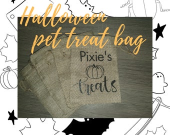 Bolsa de golosinas de Halloween personalizada para mascotas: cordón de yute, diseño espeluznante