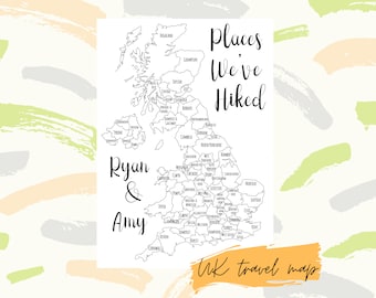 MAPA EN BLANCO DE SENDERISMO - Mapa en blanco del condado del Reino Unido - seguimiento de sus caminatas - color en el mapa - regalo de parejas - mapa personalizado