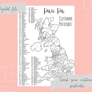 May include: A digital file featuring a black and white map of the UK, divided by postcode areas. Text includes "Pixie Pix Customer Postcodes" and "Track your customers postcodes." The words "Digital file" are also present. The background is a soft pink.