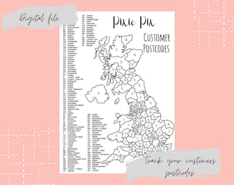 PERSONALISED MAP of U.K POSTCODES - digital download - customer postcode tracker - small business sales tracker - U.K made - digital map