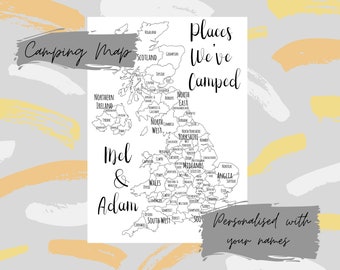 MAPA DEL CAMPING - PERSONALIZADO - color en blanco del Reino Unido en el mapa - solo digital - campamento - van life - viaje - mapa del condado - mapa de los condados del Reino Unido - regalo