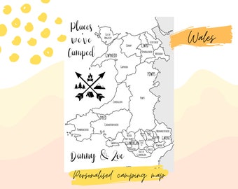 MAPA DE CAMPING PERSONALIZADO de Gales - mapa digital - colorear a medida que avanza - registro de viaje - aventura - Mapa galés - nombre de la mascota - camper - van life
