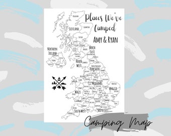 MAPA DE CAMPING del Reino Unido - PERSONALIZADO - color digital en el mapa - mapa en blanco - viaje - lista de deseos - camping - días fuera