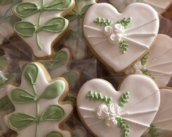 Botanical Theme Wedding Sugar Cookies  - Leaf and Heart - Party Favors, Shower Favors