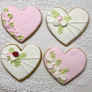 Botanical - Floral Theme Wedding Sugar Cookies  -  Heart with Flowers - Party Favors, Shower Favors