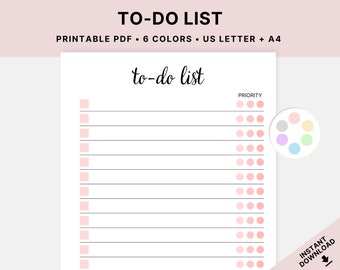 Printable To Do List, To Do Checklist, To Do List Template, Productivity Planner, Print At Home, Instant Download, PDF, US Letter, A4