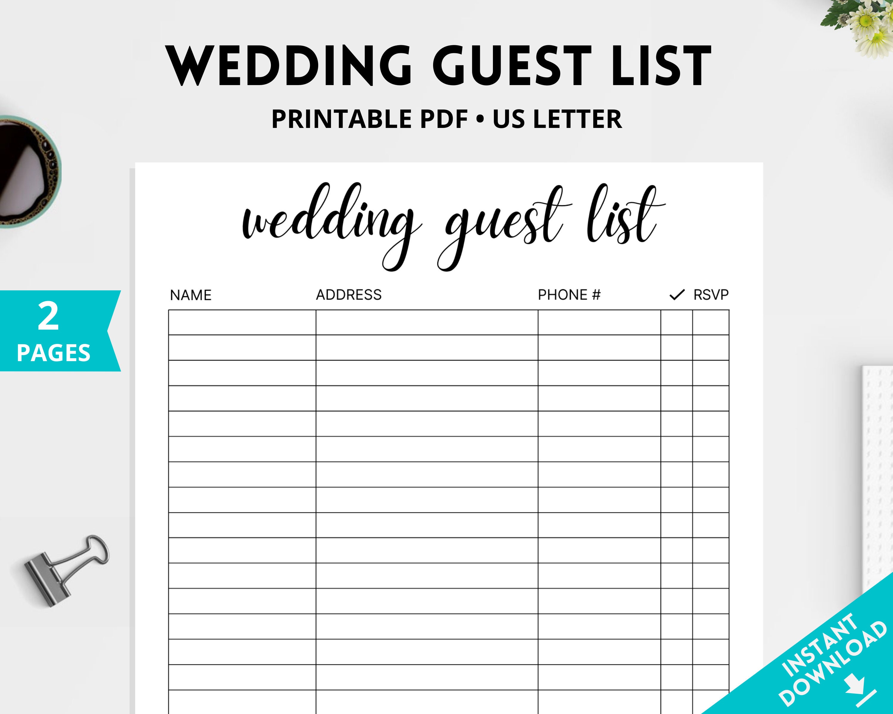 Wedding Guest List Printable Wedding Planner Guest Tracker Etsy