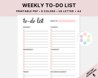 Printable Weekly To Do List, To Do Checklist, To Do List Template, Productivity Planner, Print At Home, Digital Download, PDF, US Letter, A4