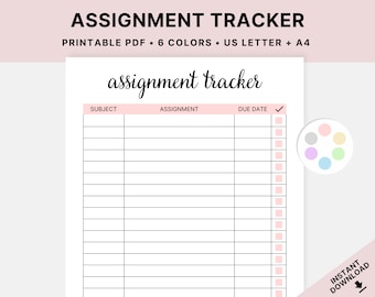 Printable Assignment Tracker, Assignment Log, Homework Checklist, Student Planner, Print At Home, Instant Download, PDF, US Letter, A4