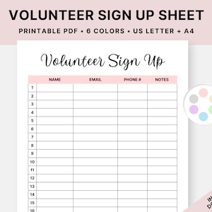 Printable Volunteer Sign Up Sheet, Volunteering Form, Event Sign In Template, Registration Sign Up, Digital Download, PDF, US Letter, A4