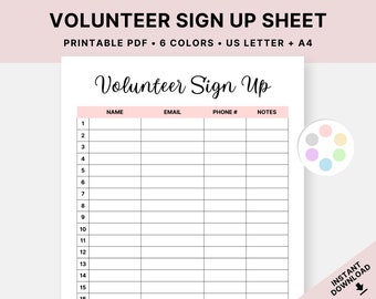 Printable Volunteer Sign Up Sheet, Volunteering Form, Event Sign In Template, Registration Sign Up, Digital Download, PDF, US Letter, A4