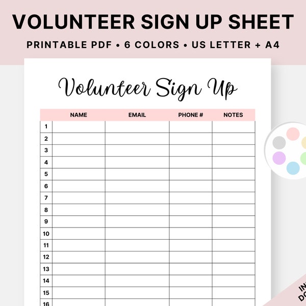 Printable Volunteer Sign Up Sheet, Volunteering Form, Event Sign In Template, Registration Sign Up, Digital Download, PDF, US Letter, A4