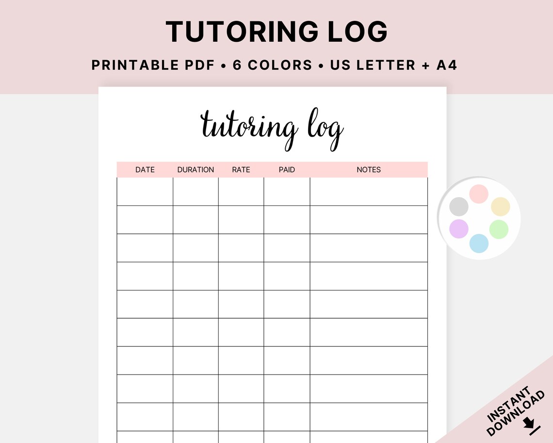 Printable Tutoring Log Basic Tutoring Tracking Sheet Income Tracker 